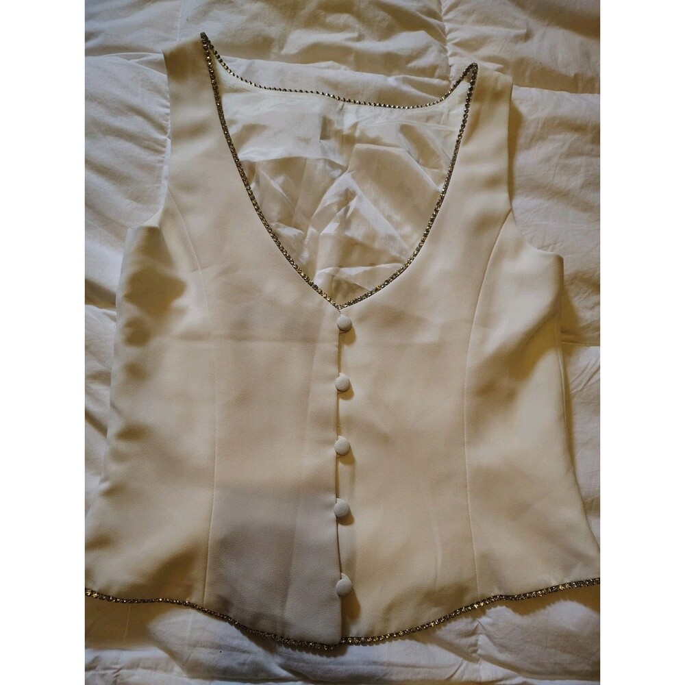 Diane Freis Women’s Ivory Solid Crew Neck Collarless Beaded Button Blouse 9/10
